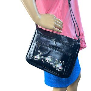 Black Faux Leather Crossbody Bag With Floral Embroidery Classic Artsy